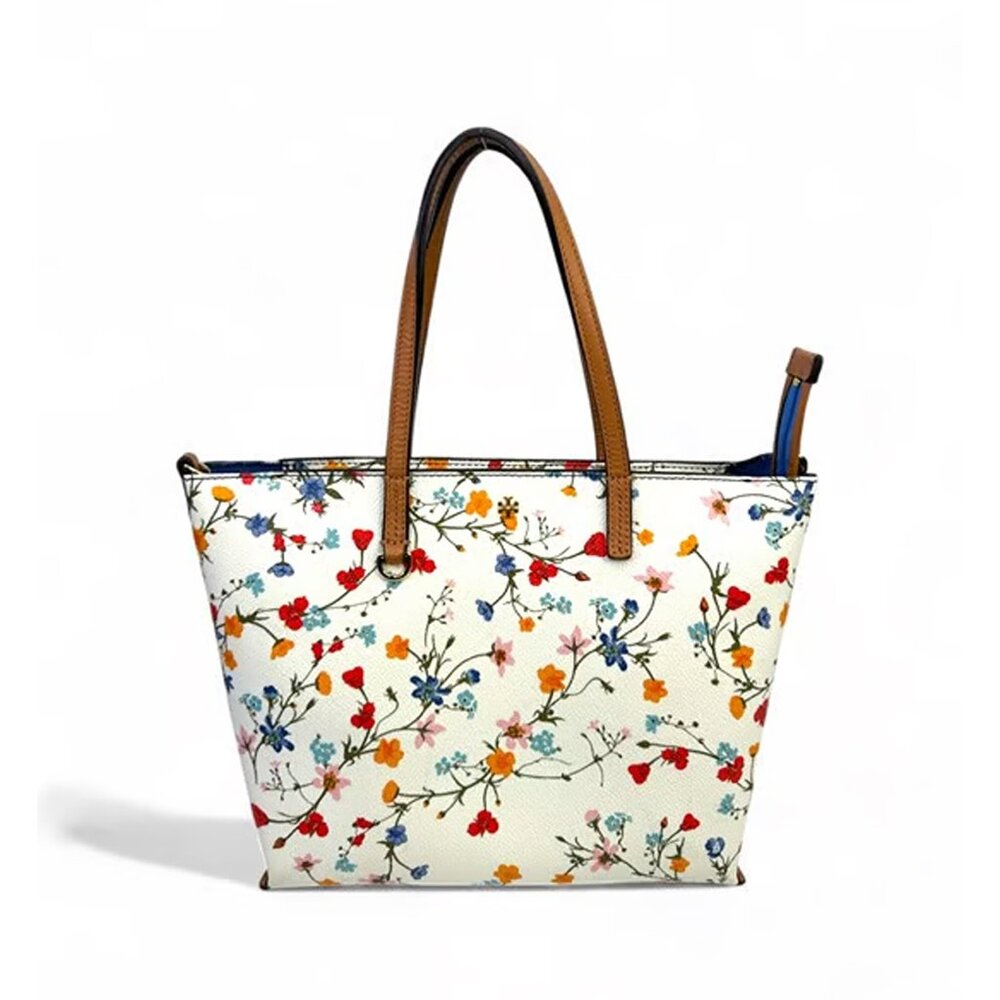 Tory Burch Kerrington Delphi Floral Tote Bag Zip Ivory Shoulder Handbag Purse NW